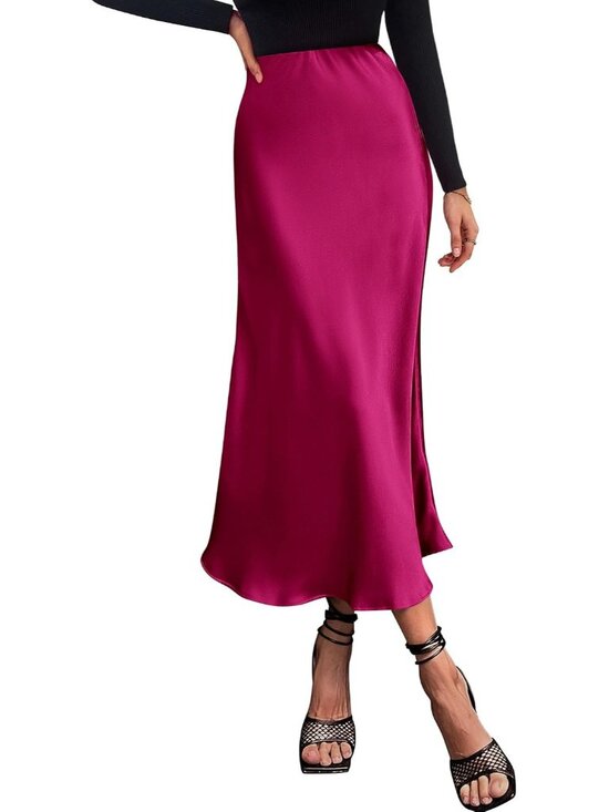 Dresses & Skirts - Women Rose Red High Waist Satin Elegant Slip Bias Cut Flowy Long Midi Skirt